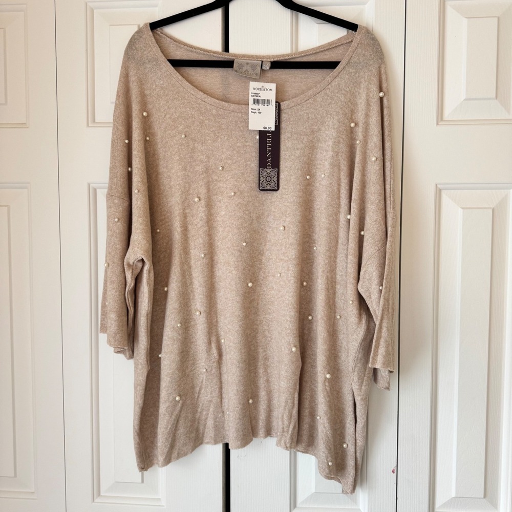 Dantelle Pearl Embellished Oversized Sweater Top Oatmeal Heather 2X NWT D19955P